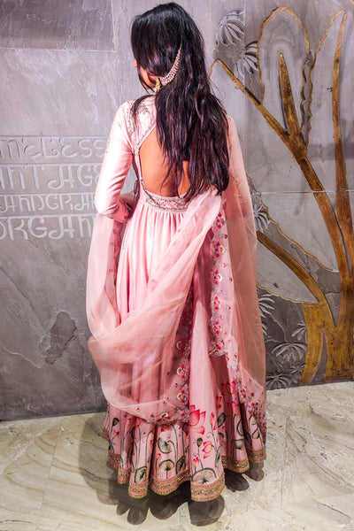 OLD ROSE SILK CHANDERI LOTUS PRINTED ANARKALI SET (3 PCS)
