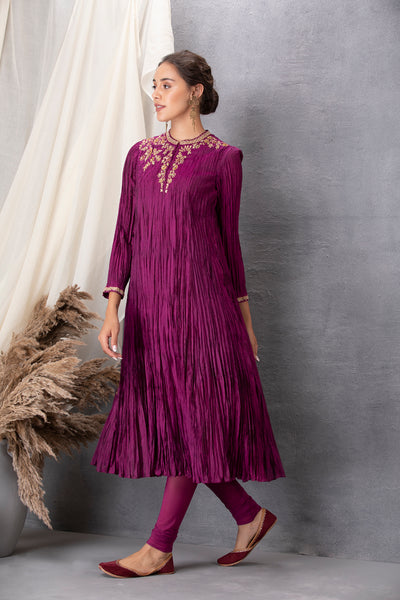 WINE CRINKELED ANARKALI WITH MATCHING CHURIDAR(SLK-01)