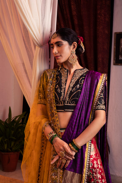 MULTICOLOR BANARASI SILK BROCADE WEAVED LEHENGA SET (3 PCS)