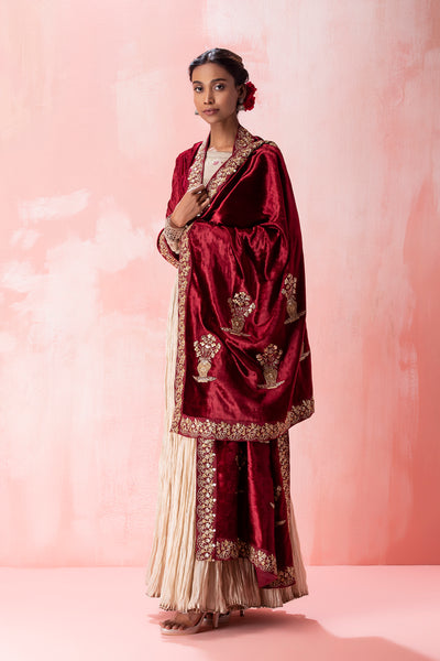 MAROON SILK VELVET EMBROIDERED DUSHALA  (DUS-76)
