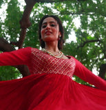 CRIMSON RED COTTON GOTA EMBROIDERED ANARKALI SET (LS-03)