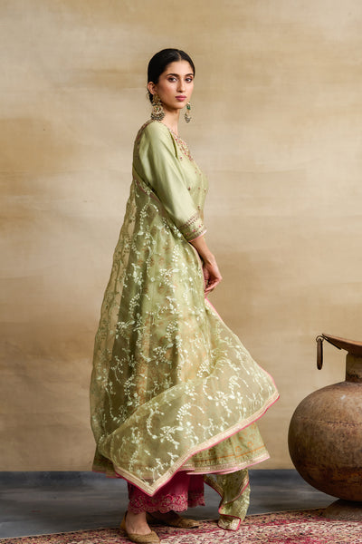PISTA GREEN SILK CHANDERI FOIL PRINTED & EMBROIDERED ANARKALI SET (3 PCS)