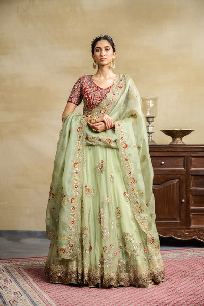 MINT TULLE HEAVY EMBROIDERED LEHANGA SET ( SK -16A )