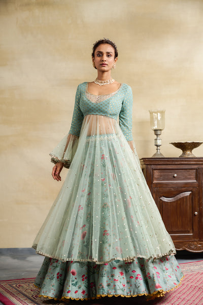 AQUA FLORAL PRINTED & EMBROIDERED ANARKALI SET (3 PCS)