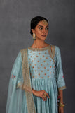 AQUA SILK CHANDERI PRINTED & EMBROIDERED ANGRAKHA STYLE ANARKALI SET(FB-12A)