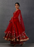 RED SILK CHANDERI PRINTED & EMBROIDERED ANARKALI SET (3 PCS)