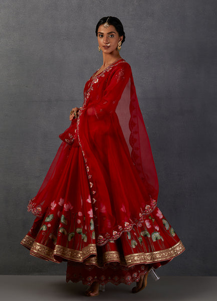 RED SILK CHANDERI PRINTED & EMBROIDERED ANARKALI SET (3 PCS)