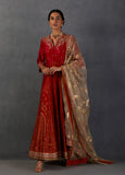 CRIMSON RED SILK CHANDERI GOLD PRINTED & EMBROIDERED ANARKALI SET (FB-39)