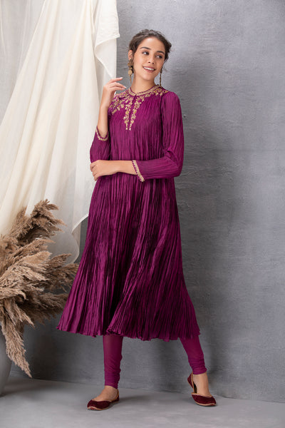 WINE CRINKELED ANARKALI WITH MATCHING CHURIDAR(SLK-01)