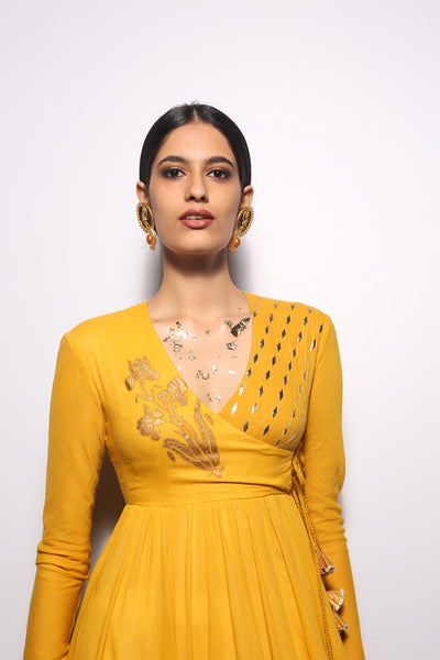 TURMERIC & IVORY KHADI EMBROIDERED & FOIL PRINTED ANGRAKHA SET (3 PCS)