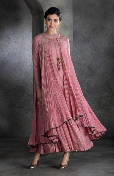 DUSTY PINK CHANDERI & COTTON FLORAL EMBROIDERED ANGRAKHA SET  (BV-04)