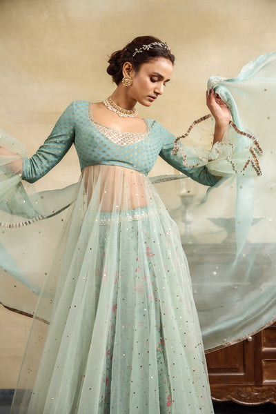 AQUA FLORAL PRINTED & EMBROIDERED ANARKALI SET (3 PCS)