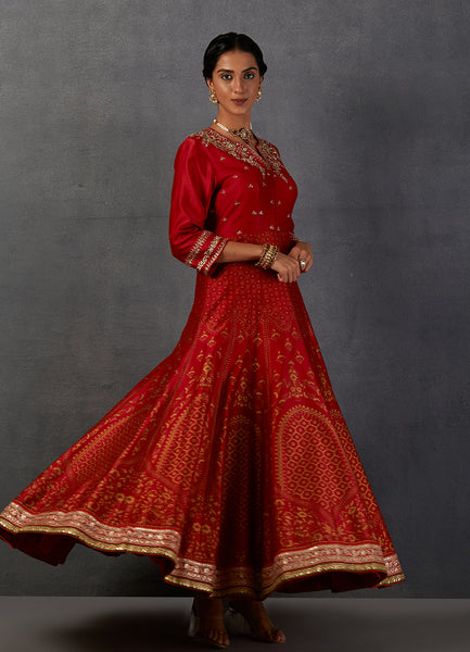 CRIMSON RED SILK CHANDERI GOLD PRINTED & EMBROIDERED ANARKALI SET (FB-39)