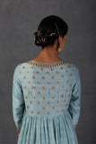 AQUA SILK CHANDERI PRINTED & EMBROIDERED ANGRAKHA STYLE ANARKALI SET(FB-12A)