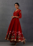 RED SILK CHANDERI PRINTED & EMBROIDERED ANARKALI SET (3 PCS)