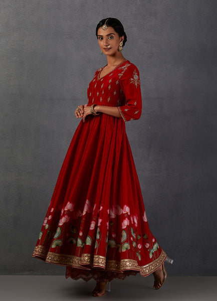 RED SILK CHANDERI PRINTED & EMBROIDERED ANARKALI SET (3 PCS)
