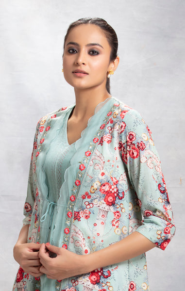 Aqua Victorian Chintz Printed Jacket With Tunic ( LW-03 )