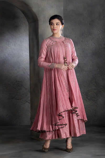 DUSTY PINK CHANDERI & COTTON FLORAL EMBROIDERED ANGRAKHA SET  (BV-04)