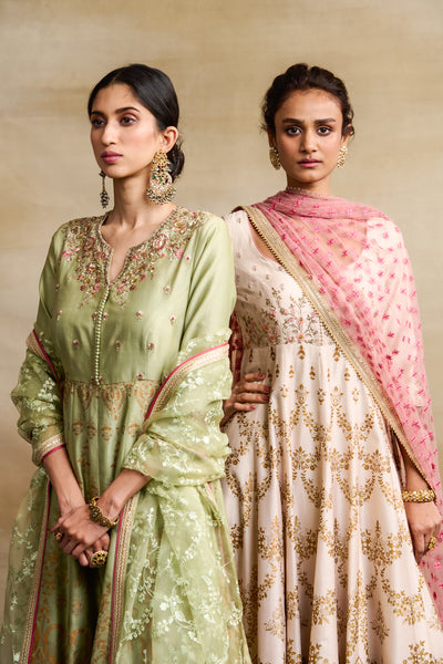 PISTA GREEN SILK CHANDERI FOIL PRINTED & EMBROIDERED ANARKALI SET (3 PCS)