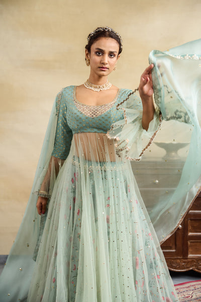AQUA FLORAL PRINTED & EMBROIDERED ANARKALI SET (3 PCS)