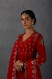 RED SILK CHANDERI PRINTED & EMBROIDERED ANARKALI SET (3 PCS)