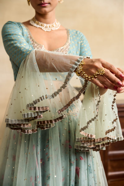 AQUA FLORAL PRINTED & EMBROIDERED ANARKALI SET (3 PCS)