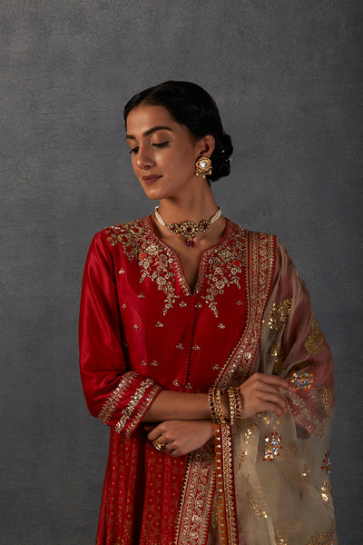 CRIMSON RED SILK CHANDERI GOLD PRINTED & EMBROIDERED ANARKALI SET (FB-39)