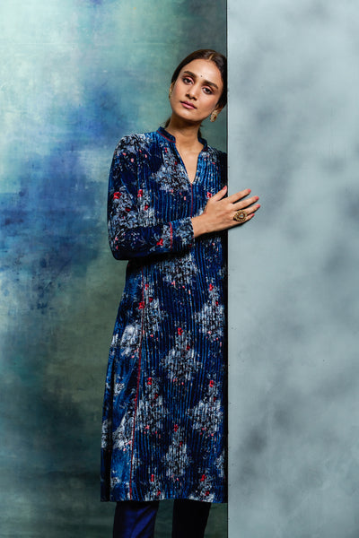 BLUE SILK VELVET EMBROIDERED TUNIC (1 PC)