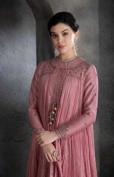 DUSTY PINK CHANDERI & COTTON FLORAL EMBROIDERED ANGRAKHA SET  (BV-04)