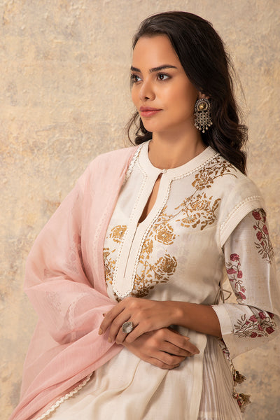 IVORY CHANDERI FOIL PRINTED & EMBROIDERED KURTA SET ( NR-05 )