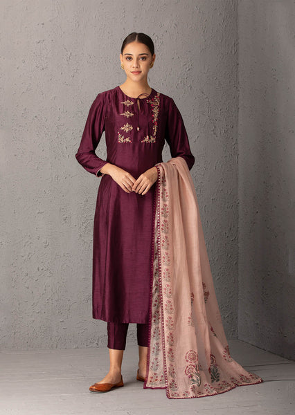 Wine embroidered kurta set ( ALY -09B )