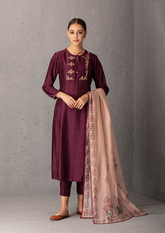 Wine embroidered kurta set ( ALY -09B )