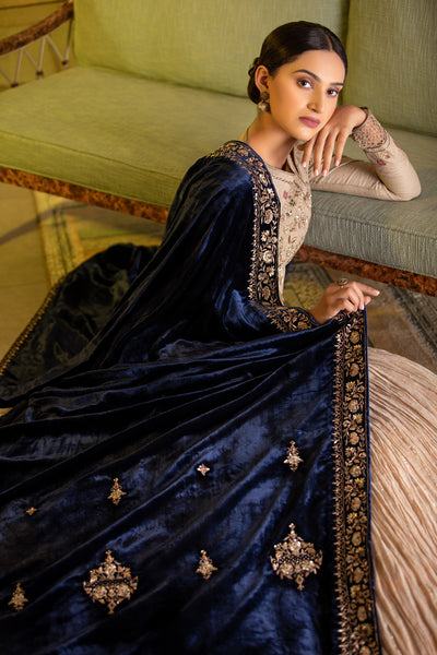 BLUE SILK VELVET ZARDOZI EMBROIDERED DUSHALA ( DUS-91 )