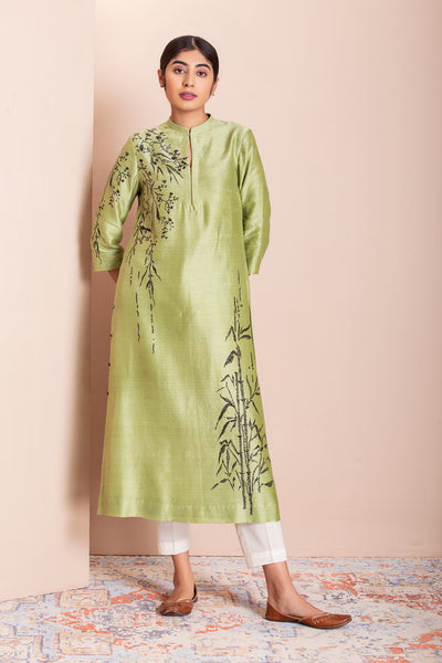 OLIVE SILK CHANDERI PRINTED TUNIC (1 PC)