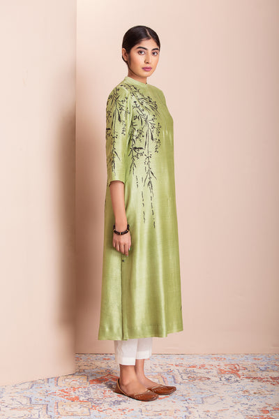 OLIVE SILK CHANDERI PRINTED TUNIC (1 PC)