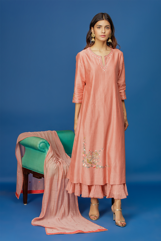 Floral Jaal Kurta With Crinkle Sharara & Dupatta. Old Rose Pink. (BNS-08A)