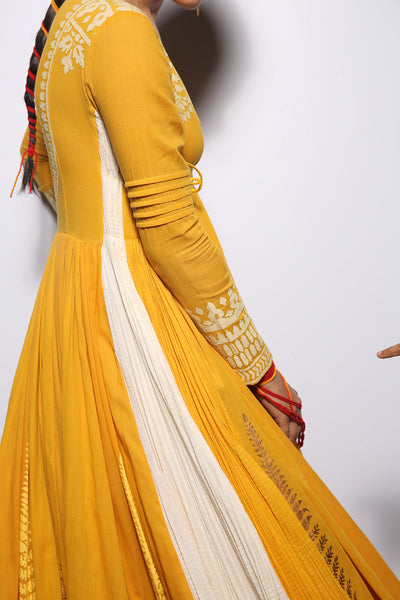 Turmeric & Ivory khadi embroidered & foil printed angrakha set ( SA-01 )