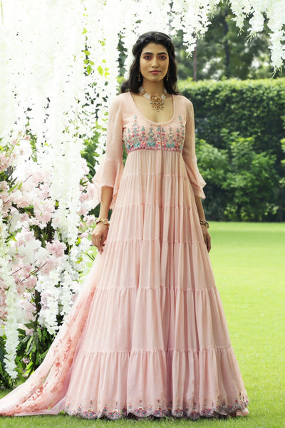 BLUSH CHIFFON EMBROIDERED TIERED ANARKALI SET (KK-44A/SK-32)