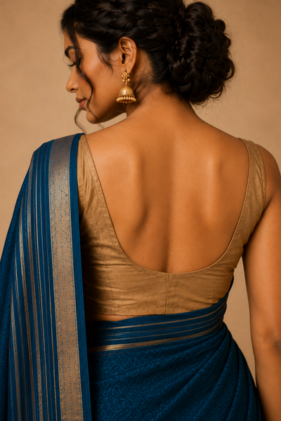 Woman wearing a blue saree with a beige blouse against a beige background