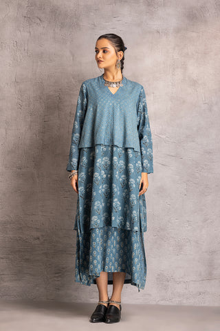 Indigo Blue Cotton Linen Ajrakh Dress (PR-10E/TNC)