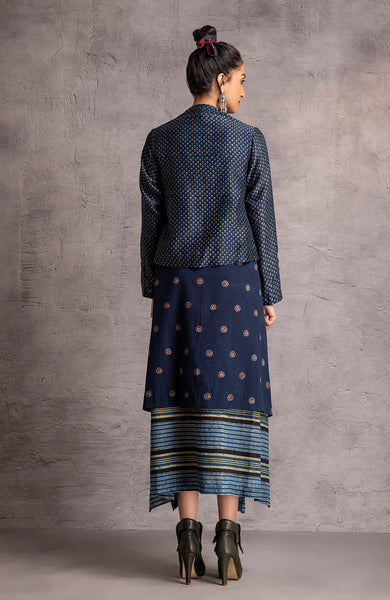 Indigo Blue Cotton Linen Ajrakh Printed 3 Layered Embroidered Dress (PR-10/DRS)