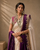 Ivory tissue crinkled saree paired with a luxurious royal purple antique dupatta (4 pcs)