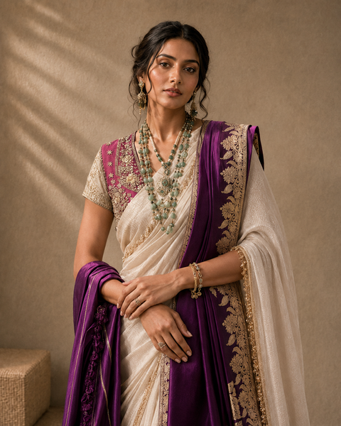 Ivory tissue crinkled saree paired with a luxurious royal purple antique dupatta (4 pcs)