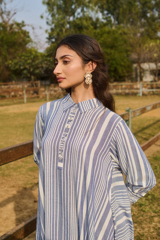 BLUE AND WHITE COTTON STRIPE ASYMMETRIC SHIRT STYLE TUNIC (CM-02/TNC)