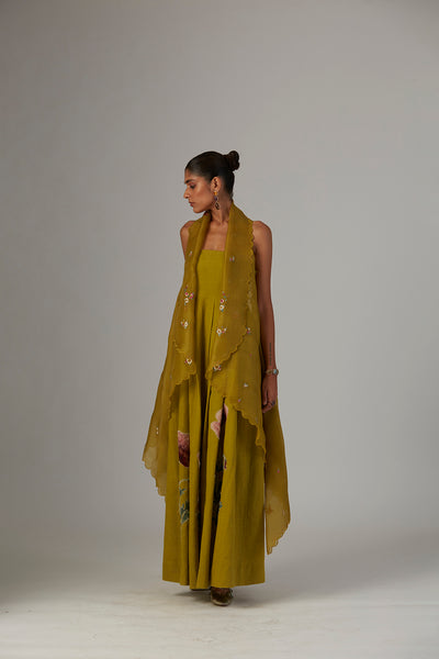 OLIVE TUBE DRESS PAIRED EMB ORGANZA CAPE ( TL-137)