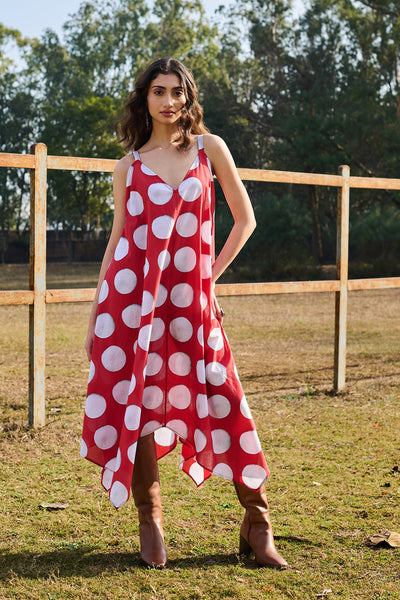 RED AND WHITE POLKA LIKE 1960S PRINTED COTTON DRESS (CM-17A/DRS)