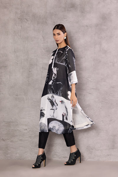 MONOCHROME CHIFFON BOTANICAL PRINTED TUNIC (BW-10A)