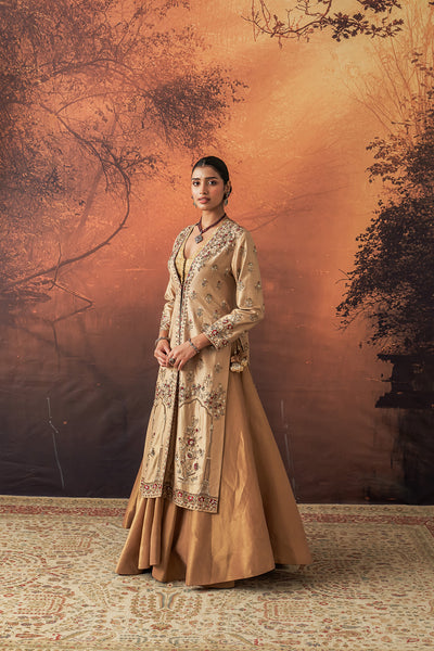 GOLD SILK TISSUE HEAVY EMB. LONG JACKET SET (3 PCS)