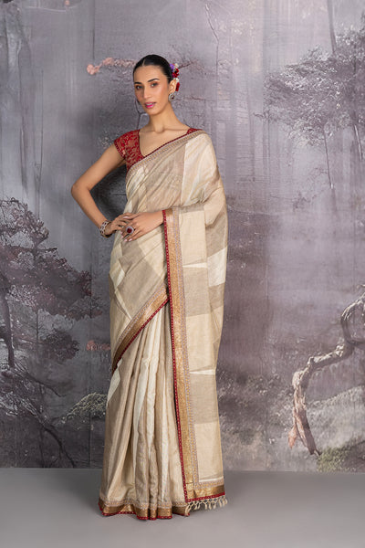 TOOSH &amp; GREY ZARI STRIPE EMBROIDERED SAREE (2 PCS)