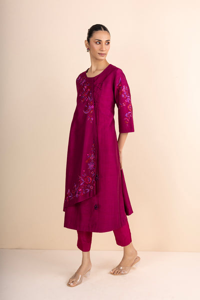 MAGENTA STRIPE DUPION PRINTED & EMBROIDERED ANGRAKHA KURTA SET (2 PCS)